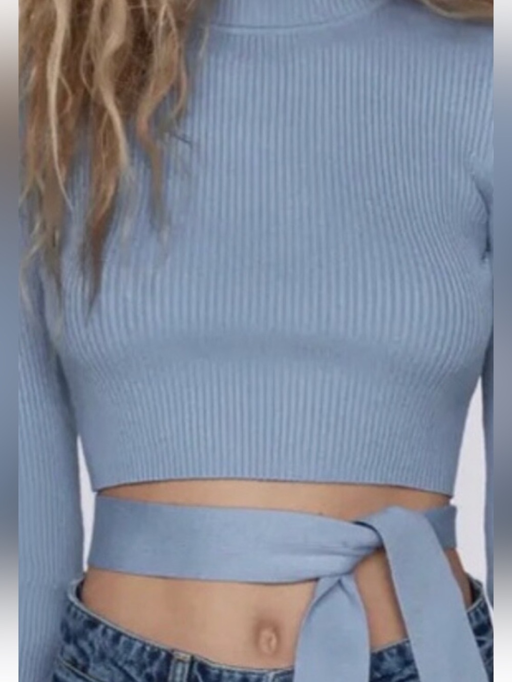 Zara Sky Blue Ribbed Wrap Crop Top Sz S